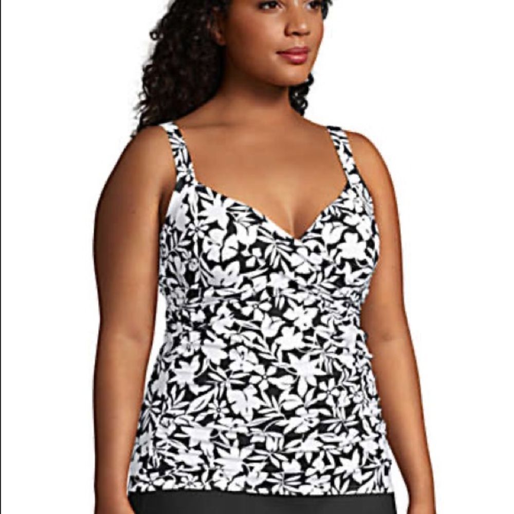Lands' End Black and White Floral Wrap Style Tankini Top - Picture 2 of 14
